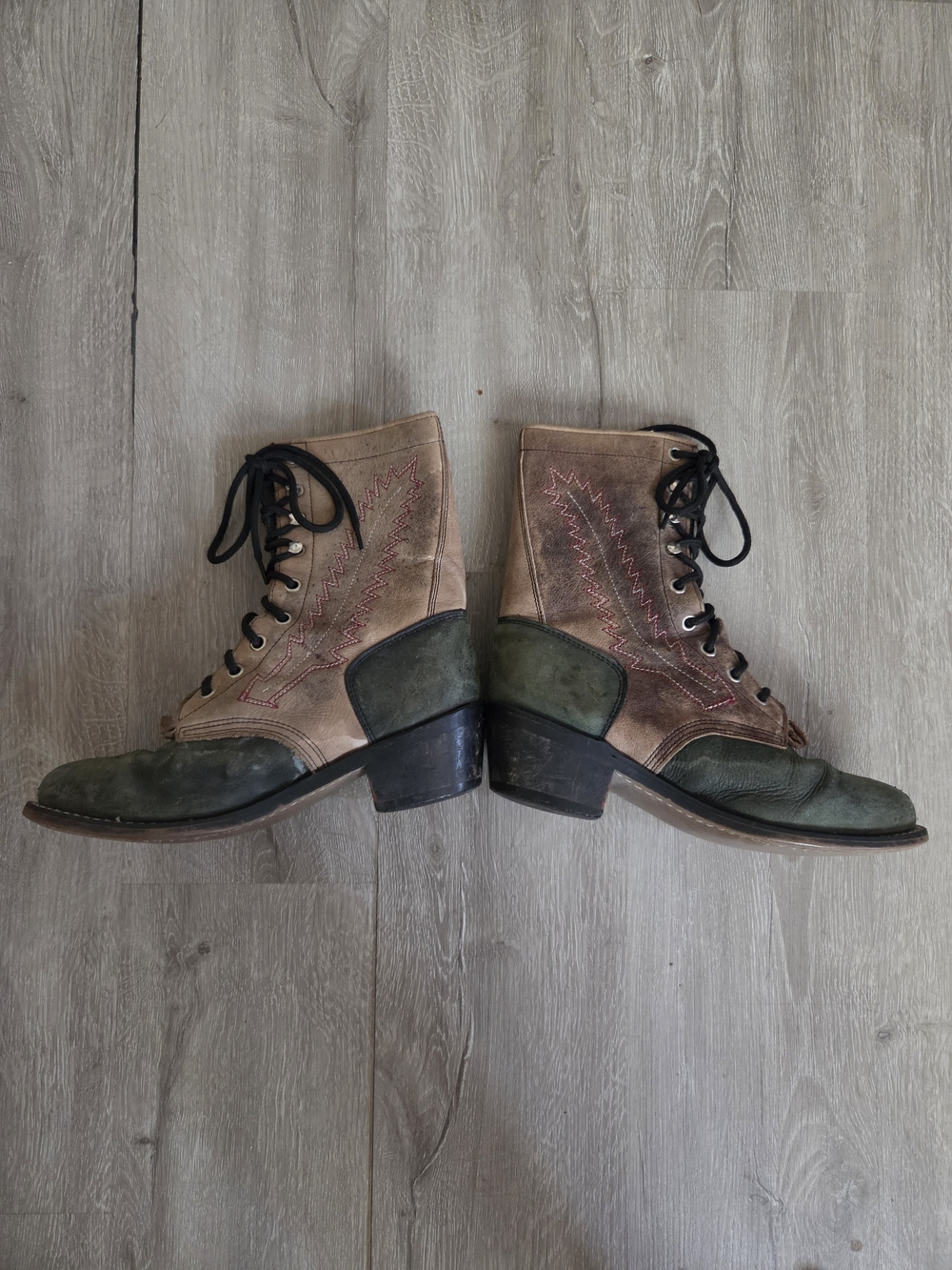 Two-Tone Lace-Up Leather Boots - Green & Brown